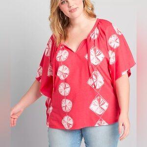 Lane Bryant 18/20 Tie Dye Pink Kimono Sleeve Keyhole Tie Blouse Top